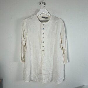 Chico's Design Womens White Linen Button-Up Tunic Top Size 2 Lightweight Casual